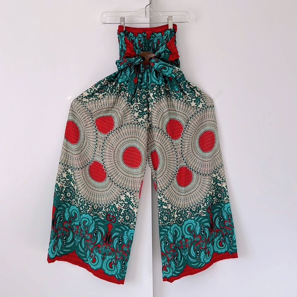 Colorful pants with wide elastic waist.